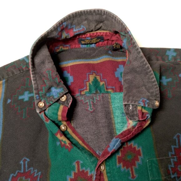 Vintage Chamois Shirt Men Large Southwest Geometric Maroon Green Western Flannel - Picture 15 of 16